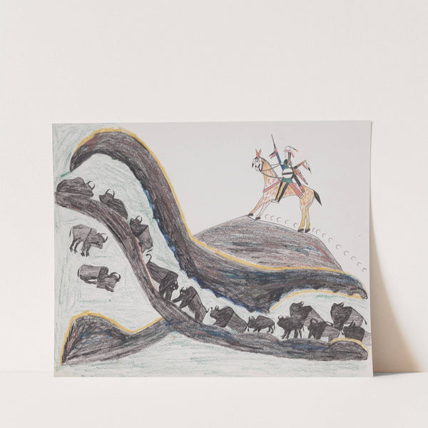 Bison hunt with Indian on horseback by Howling Wolf