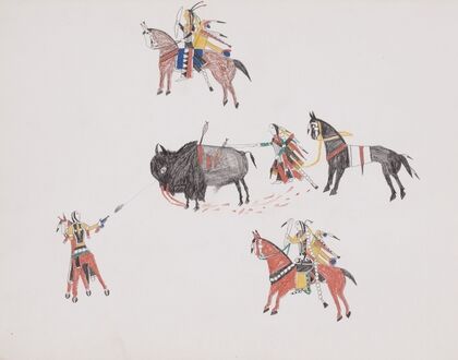 Bison hunt with Indians on horseback and on foot