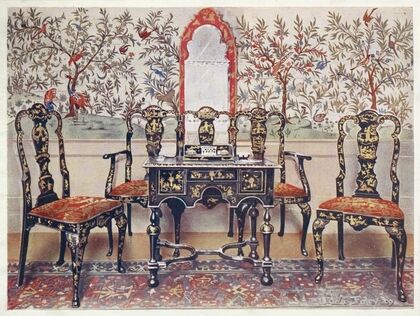 Black lacquer settee, chairs and table, red lacquer mirror