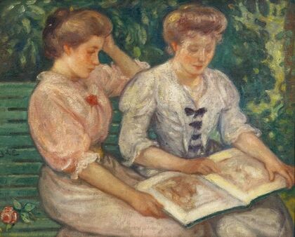 Blanche Viau et Alice Viau (Deux jeunes filles lisant sur un banc) — size preview