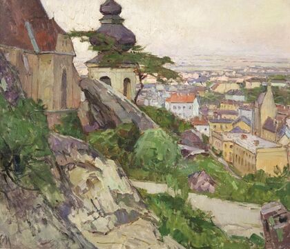 Blick auf Mödling von dem Weg zum Liechtenstein oberhalb der Pfarrkirche herab auf die Stadt (1942)