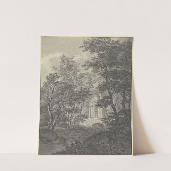 Blick durch die Bäume eines Parks auf ein klassizistisches Tempelchen by Johann Heinrich Troll