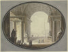 Blick durch ein kassettiertes Rundbogengewölbe auf einen dem Petersplatz in Rom nachempfundenen Platz, im Scheitel ein dem römischen Pantheon ähnelnder Bau