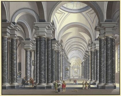 Blick in das Innere einer Barockkirche mit schwarzen Marmorsäulen und Staffagefiguren in der Tracht des 17. Jahrhunderts, 1790