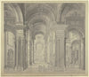 Blick in das Innere einer Barockkirche mit Staffagefiguren in der Tracht des 17. Jahrhunderts