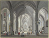 Blick in das Innere einer gotischen Hallenkirche mit vielen Staffagefiguren in der Tracht des 17. Jahrhunderts, links liest ein Priester die Messe, 1790