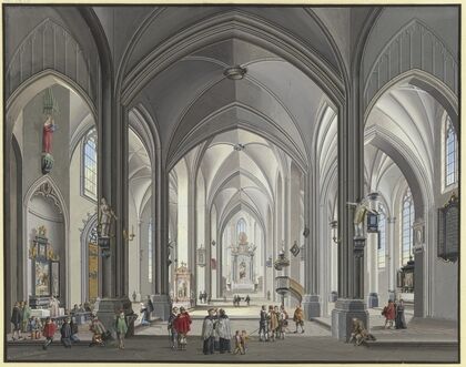 Blick in das Innere einer gotischen Hallenkirche mit vielen Staffagefiguren in der Tracht des 17. Jahrhunderts, links liest ein Priester die Messe, 1790