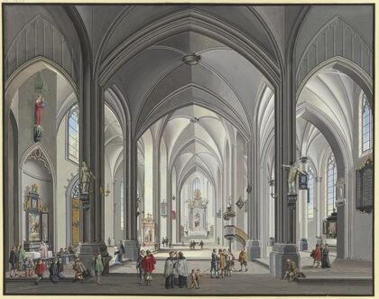 Blick in das Innere einer gotischen Hallenkirche mit vielen Staffagefiguren in der Tracht des 17. Jahrhunderts, links liest ein Priester die Messe, 1790
