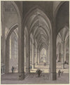 Blick in den Chor einer dreischiffigen gotischen Hallenkirche mit Staffagefiguren in der Tracht des 17. Jahrhunderts, 1819