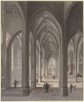Blick in den Chor einer dreischiffigen gotischen Hallenkirche mit Staffagefiguren in der Tracht des 17. Jahrhunderts, 1819