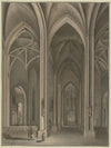 Blick in die Seitenkapelle einer gotischen Kirche, in Abendbeleuchtung; im Vordergrund ein Chorknabe mit einer Fackel und zwei Priester