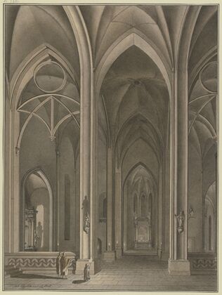 Blick in die Seitenkapelle einer gotischen Kirche, in Abendbeleuchtung; im Vordergrund ein Chorknabe mit einer Fackel und zwei Priester