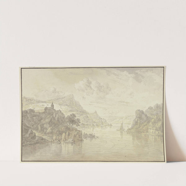 Blick in ein Flusstal mit felsigen Ufern, links auf einem Felsen eine Kirche by Franz Schütz