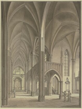 Blick in eine gotische Kirche mit Staffagefiguren in Kostümen des 17. Jahrhunderts
