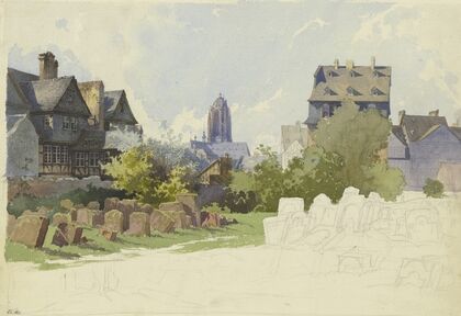 Blick über den Jüdischen Friedhof Battonnstraße in Frankfurt am Main auf Sankt Bartholomäus — size preview