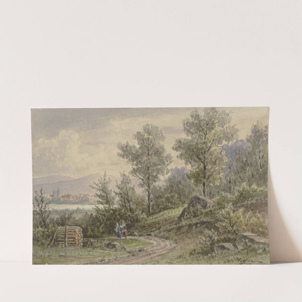 Blick vom Wald auf ein Dorf und Berge by Jacob Hoffmann