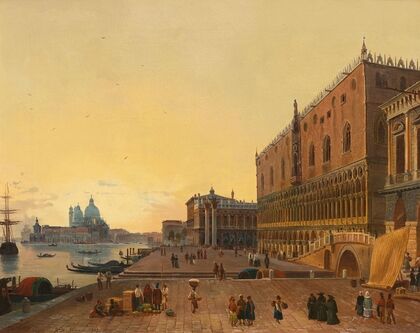 Blick von der Riva degli Schiavoni über den Bacino di San Marco auf S. Maria della Salute bei Sonnenuntergang (1839)