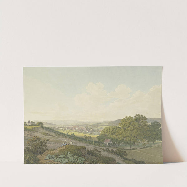 Blick von einer Anhöhe auf das Dorf St. Jakob bei Basel mit spitzem Kirchturm (1803) by Marquard Wocher