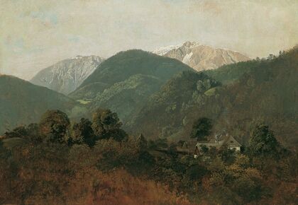 Blick von Scheuchenstein zum Gauermannhof mit Schneeberg im Hintergrund (1835)