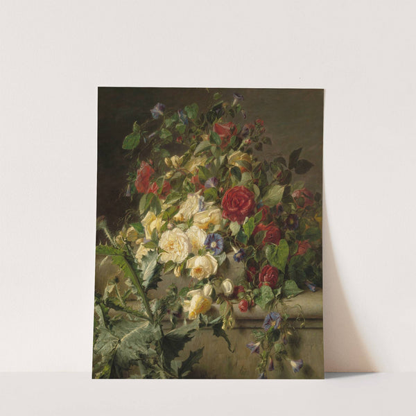 Bloeiende rozen over een oude balustrade by Adriana Johanna Haanen
