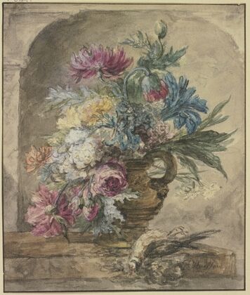 Blumenbouquet, dabei ein toter Vogel