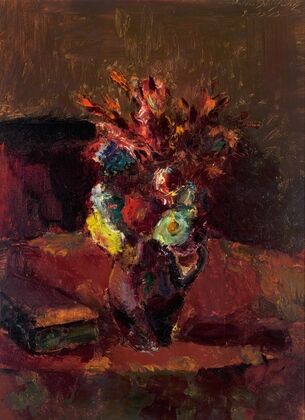 Blumenbouquet mit rotem Tischtuch (1913)