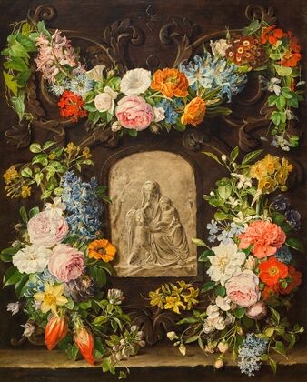Blumenkranz mit Madonnenrelief