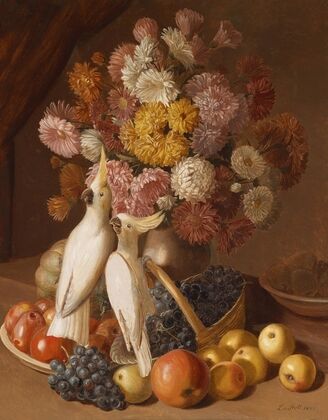 Blumenstillleben mit Früchten und Nymphensittichen