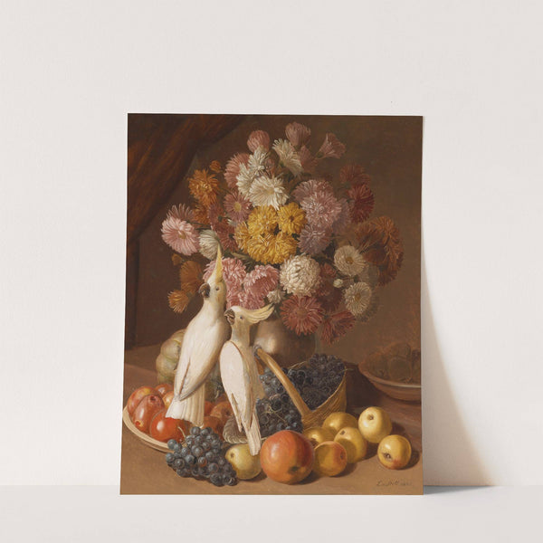 Blumenstillleben mit Früchten und Nymphensittichen by Leopold von Stoll