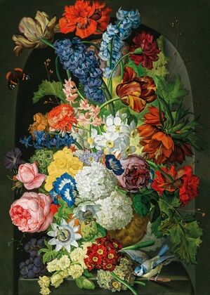 Blumenstück mit Schmetterling und Blaumeise — size preview