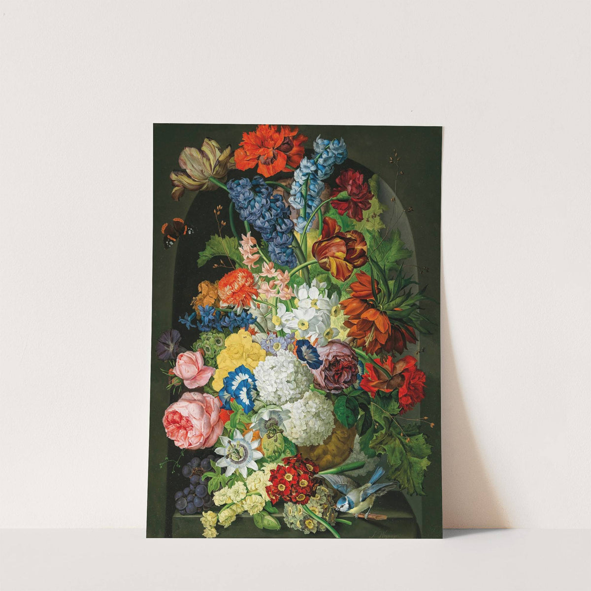 Blumenstück mit Schmetterling und Blaumeise by Sebastian Wegmayr