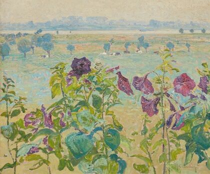 Blüten (Stockrosen), Blick auf den Rhein bei Wittlaer