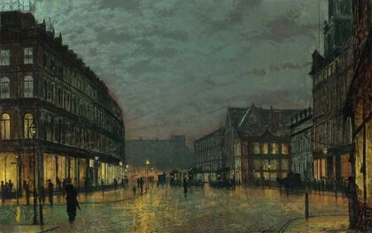 Boar Lane, Leeds by lamplight