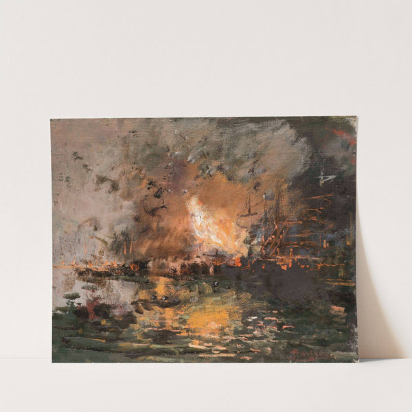 Boat on fire in a harbour by Pompeo Mariani