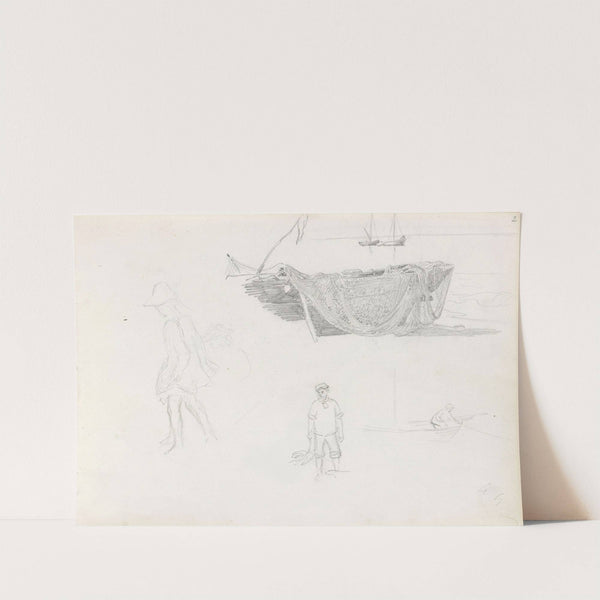 Boat with fishing nets; figure studies by Hans Gude