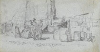 Boats, Figures, Cargo on a Beach (1860s)