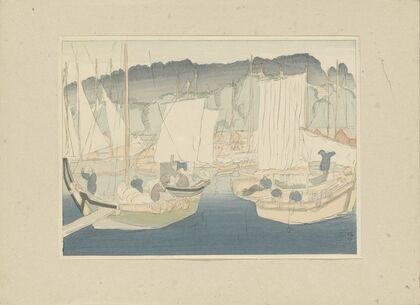 Boats in the harbor of Shiogama (1917)