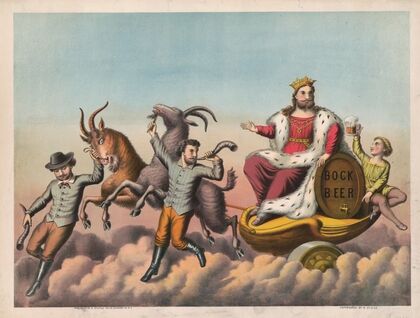 Bock Beer [goats carrying Gambrinus on a chariot] (1881)