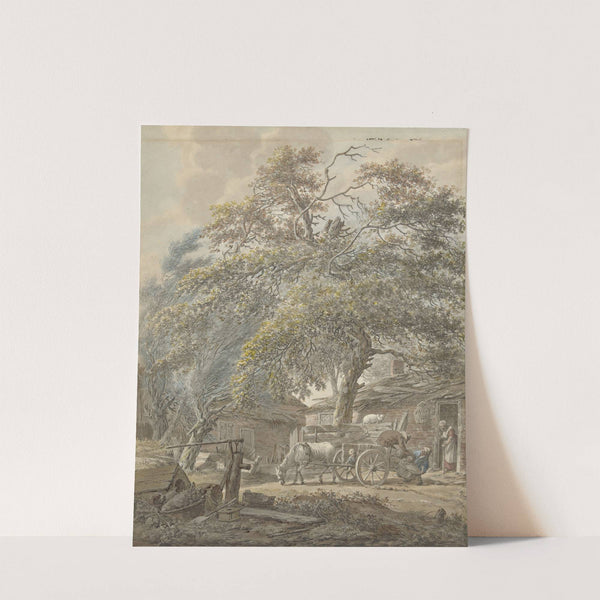 Boerenerf met twee mannen die een wieg op een paardenkar laden by Vincent Jansz. van der Vinne