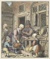 Boerenfamilie bij het voeren van de varkens