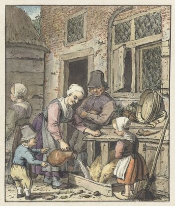 Boerenfamilie bij het voeren van de varkens
