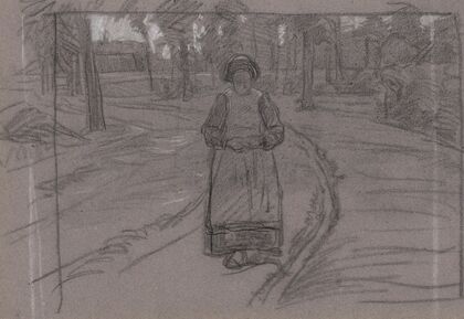 Boerenvrouw op een pad in een boomrijke omgeving
