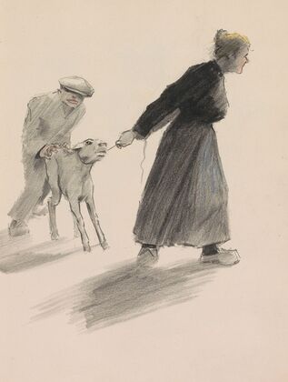 Boerin die een kalf achter zich aan trekt aan een touw (1917-1919)