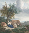 Boerin en boer met kind in een landschap met vee