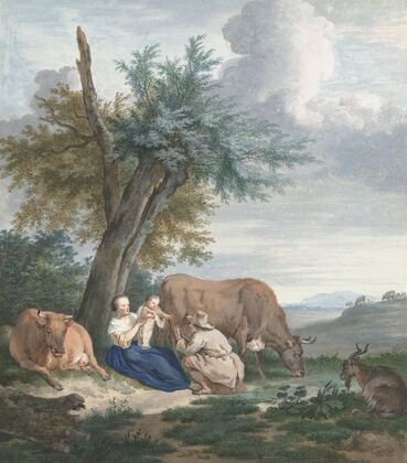 Boerin en boer met kind in een landschap met vee