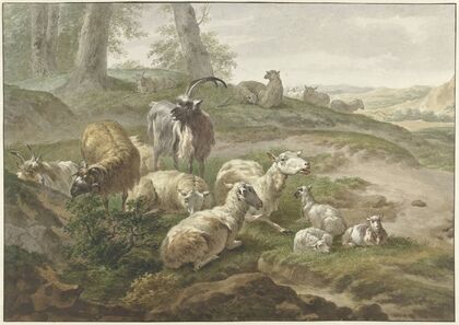 Bokken en schapen in een heuvelachtig landschap , after Nicolaes Pietersz. Berchem