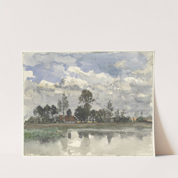 Bomen zich spiegelend in het water bij een bewolkte lucht by Julius Jacobus van de Sande Bakhuyzen