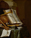 Books, a globe and musical instruments on a draped table
