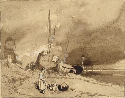 Bord de Plage (Fishing-boats on a beach, storm clouds in the distance)