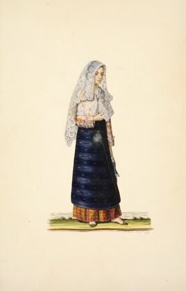 Woman in blue apron, orange and yellow plaid skirt, red and white striped shirt, long white veil; holding scarf (1843)
